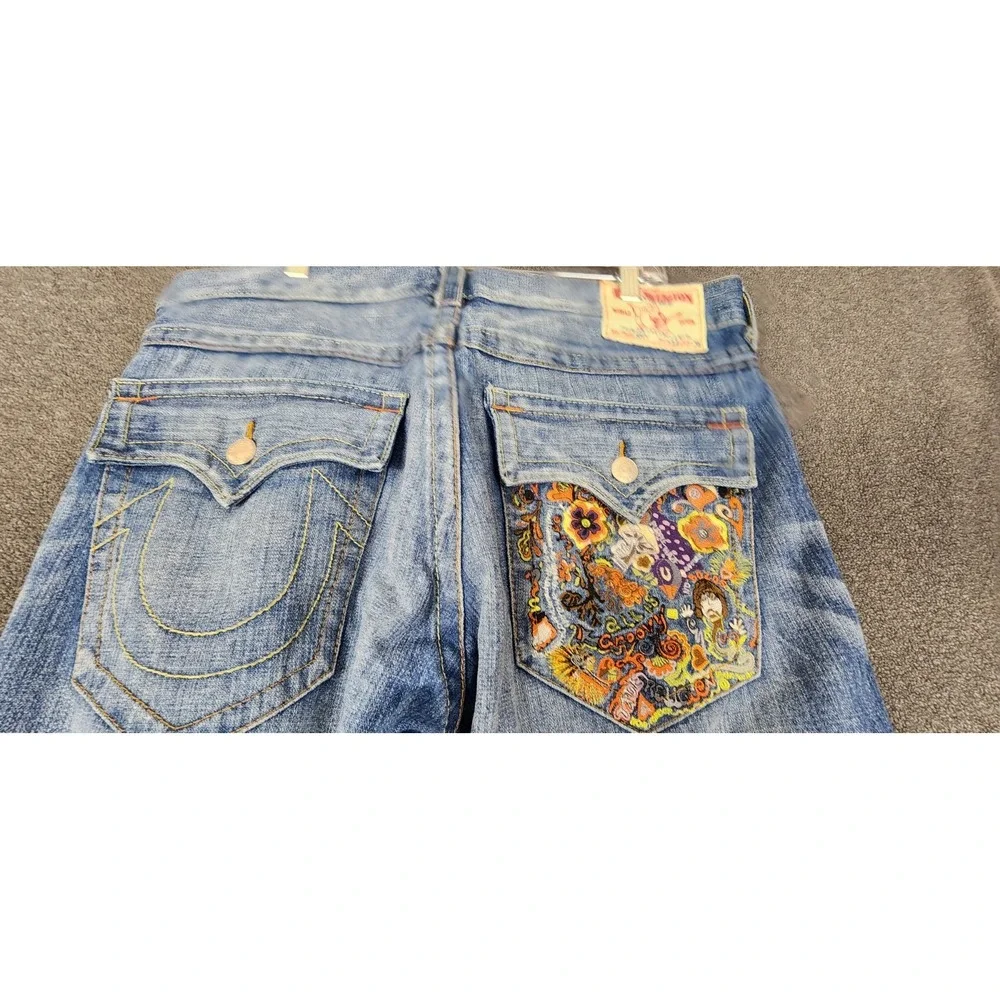 True Religion World Embroidered Rare Men 38x33.5 Yuppie‎ Distressed Denim Y2K